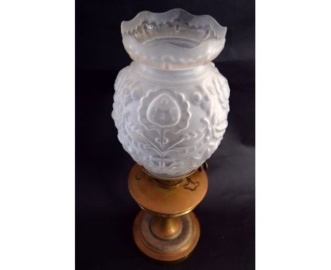 A Benetfink, London, Hinks Patent Victorian duplex oil lamp with brass base, glass font and white glass shade, twin burner 54