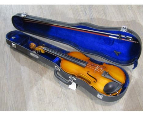 A Chinese full size (4/4) violin, 59cm length, with bow and hard plastic case 