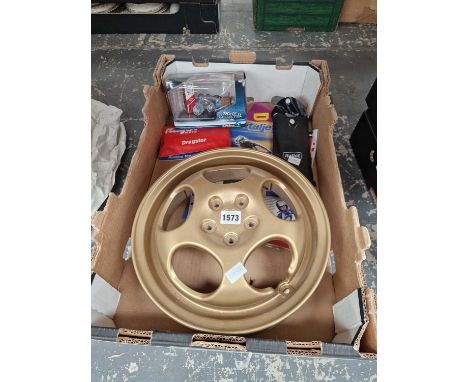 A gilt scooter wheel, Italjet tools and a boxed die cast scooter