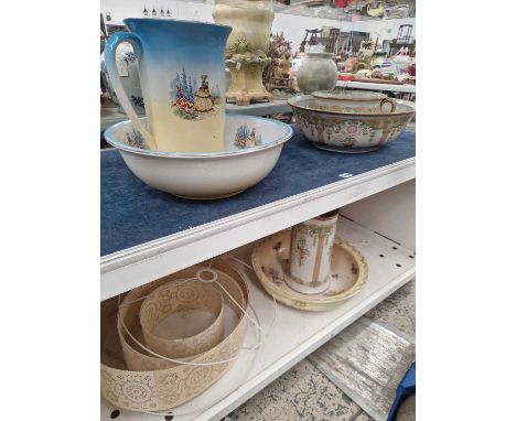 Two edwardian wash jug and bowl sets and a vintage Laura ashley three tier light shade.