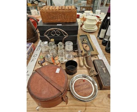 Brass door furniture, collectors plates, a six bottle electroplate cruet, a domino set, two Hummel figures, etc.