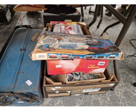 A hornby thomas the tank engine train set, a tool box, work boots etc.