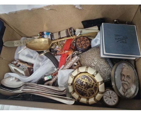 A miniature portrait of a gentleman a masonic belt buckle a chatelaine purse, two pocket watches, silver plated cutlery etc.