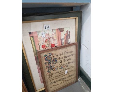 A British overseas settles association illuminated award and a vintage Dunlop advertising print. 