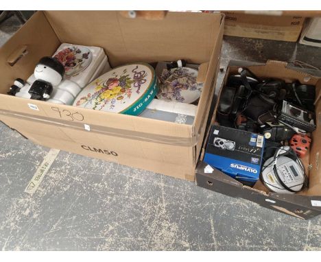 A qty of collectors plates, three homepride "flour men" figures by Airfix, vintage jigsaws, cameras, walman etc.