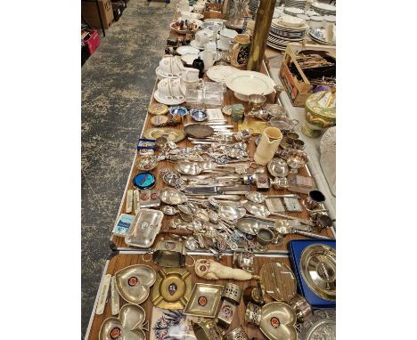 Electoplate and ceramics with cruise shipping line logos, steins, an oil lamp and some ceramic figurines 