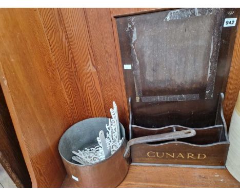 A vintage mahogany Cunard (shipping lines) leaflet holder together with a large copper saucepan and various wall brackets. 
