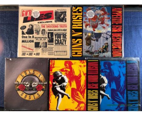 Guns N' Roses - 5 LP records; Appetite For Destruction - 1987 UK release banned cover, G N' R Lies - 1988 EU reissue with pri