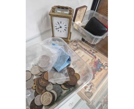 A Vintage brass cased carriage clock, a small collection of coins including Edward IIIV set, a small selection of medalions e
