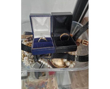 A 9ct gold and pearl ring, a gents diamond set 9ct ring, costume pearls, wristwatches etc.