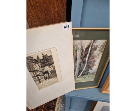 An etching by Dorothy Sweet? together with a watercolour.