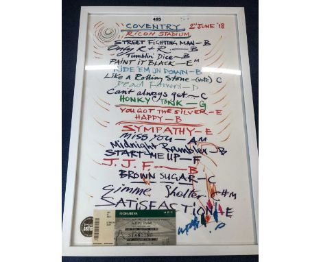 Ronnie Wood Authentic setlist: Coventry Ricoh stadium 2nd June 2018, with original ticket stub, framed.