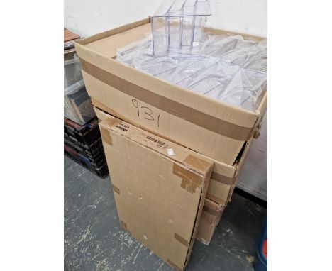 A large collection of perspex leaflet display stands, collection boxes and a new flat pack ikea small chest.