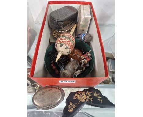 A box of collectables to include a miniature watercolour, a small silver box, snuff boxes, a thimble case, scent bottles etc.
