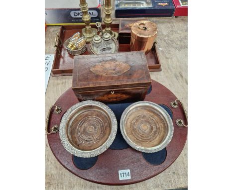 A regency inlaid tea caddy, a copper coddler, two wine coasters, a cruet set, two trays etc..