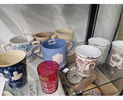 Three enamel royal commemorative beakers together six ceramic commemoratives to include one by Aller Vale