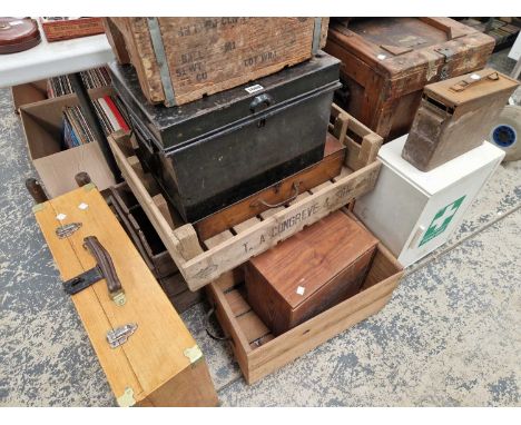 A selection of wooden boxes, fruit trays, a metal deed box and an ammunition box