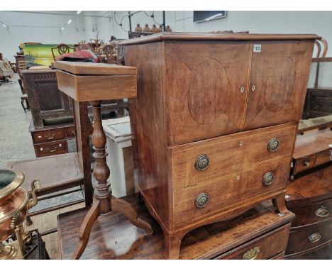 A regency mahogany and inlaid lift top commode togethr with a sewing box on tripod stand.