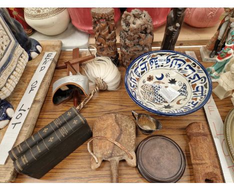A stereoscope with some slides, a fly whisk, Chinese and African carved wood  figures, an islamic pottery bowl, etc.