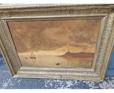 An oil painting on board, a coastal light house with boats signed indistinctly.Frame 48 x 64 Canvas 30 x 45 cm