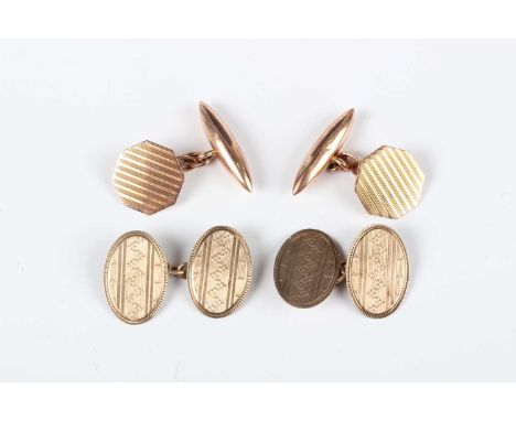 A pair of 9ct gold cufflinks with octagonal fronts and torpedo shaped backs, Birmingham 1922, and another pair of 9ct gold cu