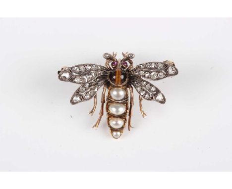 A late Victorian gold backed and silver set, diamond, tiger’s eye, half-pearl and cabochon red gem set brooch, designed as a 