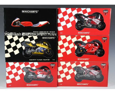 Six Minichamps 1:12 scale model MotoGP and a World Superbikes racing motorcycles ridden by Troy Bayliss, comprising No. 01127