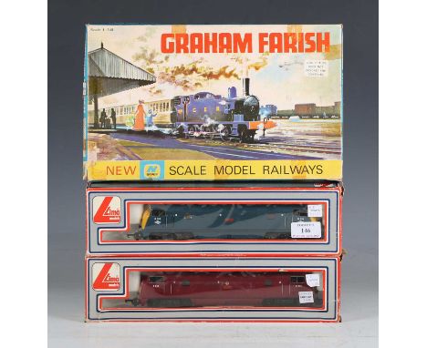 Two Lima OO gauge Warship Class diesel locomotives, comprising No. 205128 in BR maroon and No. 205127 in BR blue, both within