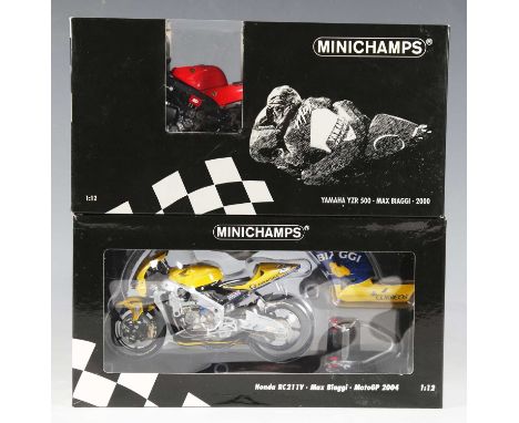 Two Minichamps 1:12 scale model racing motorcycles ridden by Max Biaggi, comprising No. 006304 Yamaha YZR 500 2000 and No. 04