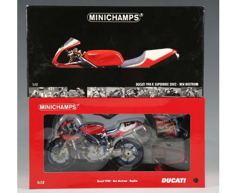 Two Minichamps 1:12 scale model racing motorcycles ridden by Ben Bostrum, comprising No. 021255 Ducati 998 R WSB 2002 Team Du
