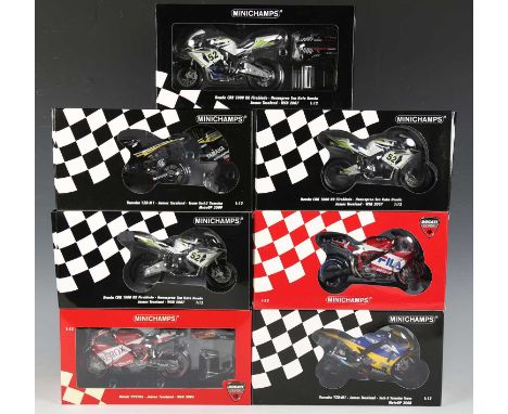 Seven Minichamps 1:12 scale model MotoGP and World Superbike racing motorcycles ridden by James Toseland, comprising No. 0830