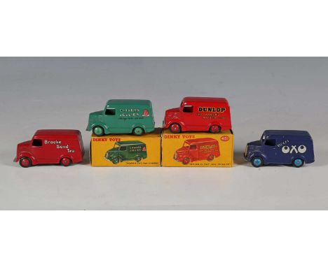 Four Dinky Toys Trojan vans, comprising No. 451 'Dunlop', No. 452 'Chivers Jellies', both boxed, No. 453 'Beefy Oxo' and No. 