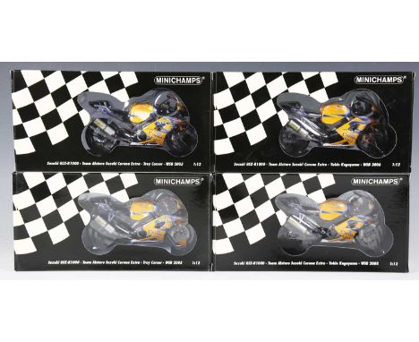 Four Minichamps 1:12 scale model racing motorcycles, comprising two No. 052211 Team Alstare Suzuki Corona Extra Troy Corser W