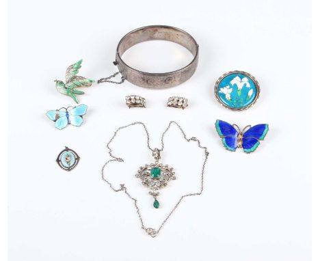 A silver, green and colourless paste pendant, length 5.2g, a silver hinged bangle, Birmingham 1963, a Pfeiffer sterling and e