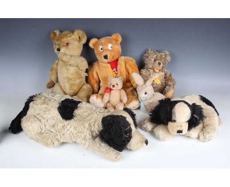 A small group of soft toys, comprising Deans mohair teddy bear, height 42cm, Superted and book, Steiff rabbit, two Steiff ted