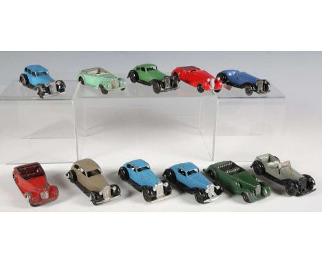 Eleven Dinky Toys cars, including two No. 36d Rover saloons, No. 36b Bentley and No. 30b Rolls-Royce (paint chips, playwear a