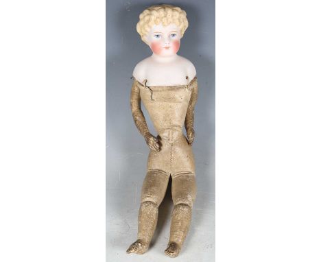 A German porcelain head and shoulders doll, late 19th century, with painted moulded features and gusseted kid body, height 30