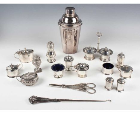 A George VI silver three-piece condiment set of faceted cylindrical form, comprising mustard, pepper caster and salt, Birming