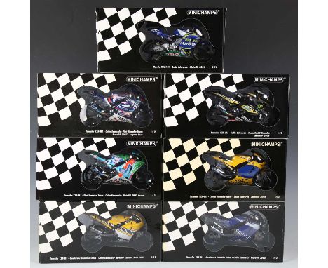 Seven Minichamps 1:12 scale model GP racing motorcycles ridden by Colin Edwards, comprising No. 063005 Yamaha YZR-M1 Camel Ya