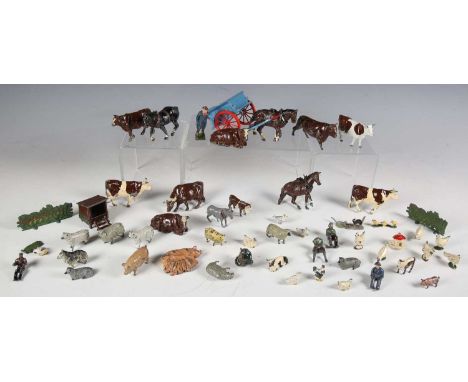A collection of diecast vehicles and lead animals, including Dinky Toys Morris Oxford, Speed of the Wind car, Britains farm a