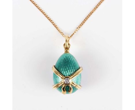 A Victor Mayer for Fabergé 18K gold, enamelled and diamond egg shaped pendant, limited edition number 454 of 1000, the blue a