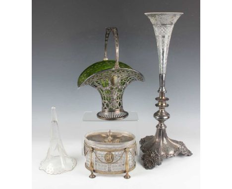 A Victorian Walker &amp; Hall plated epergne, fitted with a cut glass trumpet vase, engraved with flowers, above a knop stem 