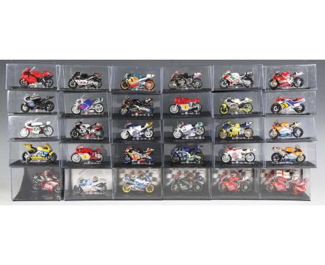 A collection of 1:43 scale model racing motorcycles, including Vitesse Ducati 996 Carl Fogarty, Honda NSR500 Alex Barros 1999