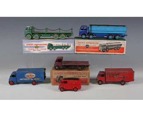 Five Dinky Supertoys commercial vehicles, comprising No. 504 Foden 14-ton tanker, first type, in duo blue, No. 905 Foden flat