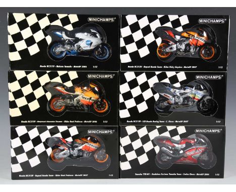 Six Minichamps 1:12 scale model MotoGP racing motorcycles, comprising No. 043007 Yamaha YZR-M1 Gauloises Fortuna Yamaha Team,