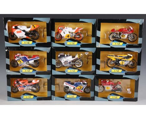 Nine 1:12 scale model racing motorcycles, comprising Honda NS500 Freddie Spencer, 1983, Honda NSR Michael Doohan 1994, Honda 