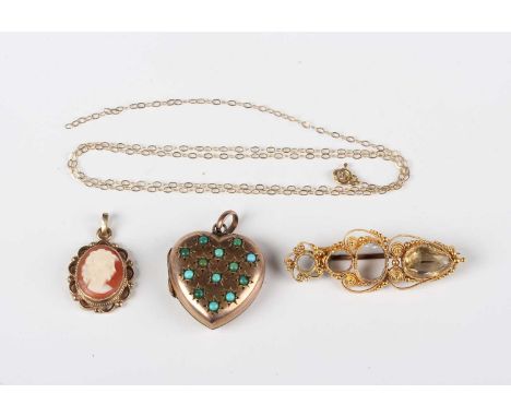 A 9ct gold and oval shell cameo pendant, designed as a portrait of a lady, length 2.2cm, a gold neckchain, a turquoise set go