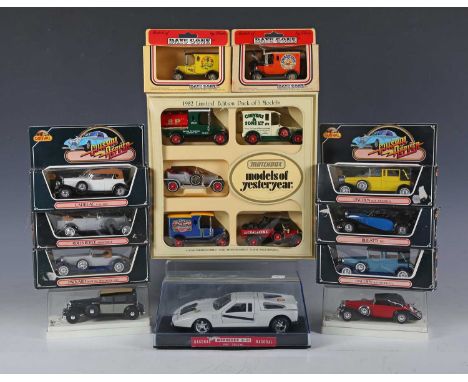 A collection of diecast model vehicles, including Bburago Ferrari F40, Dodge Viper, Mercedes-Benz SSK (1928), Mercedes-Benz 3