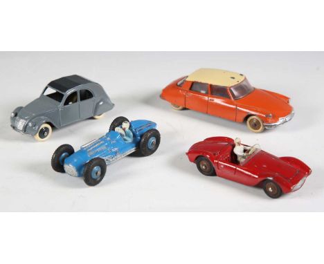 Four French Dinky Toys cars, comprising No. 24c Citroen DS19, No. 22A Maserati, No. 23H Talbot Lago and No. 535 Citroen 2CV, 