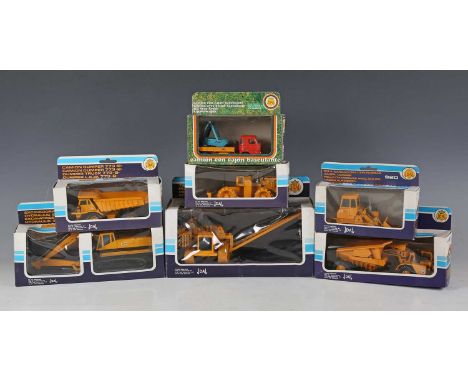 Seven Joal diecast model vehicles, including CAT excavator, CAT tractor unit and trailer and a compactor, all within window b